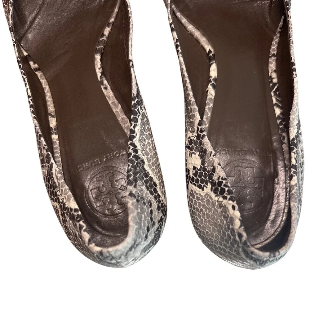 Tory Burch Claire Snake Embossed Python Block Heel Pumps Gray Black 8.5